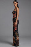 Strapless Floral Ruched Mermaid Black Formal Dress