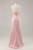 Blush Sheath Halter Satin Pleated Open Back Long Bridesmaid Dress with Slit