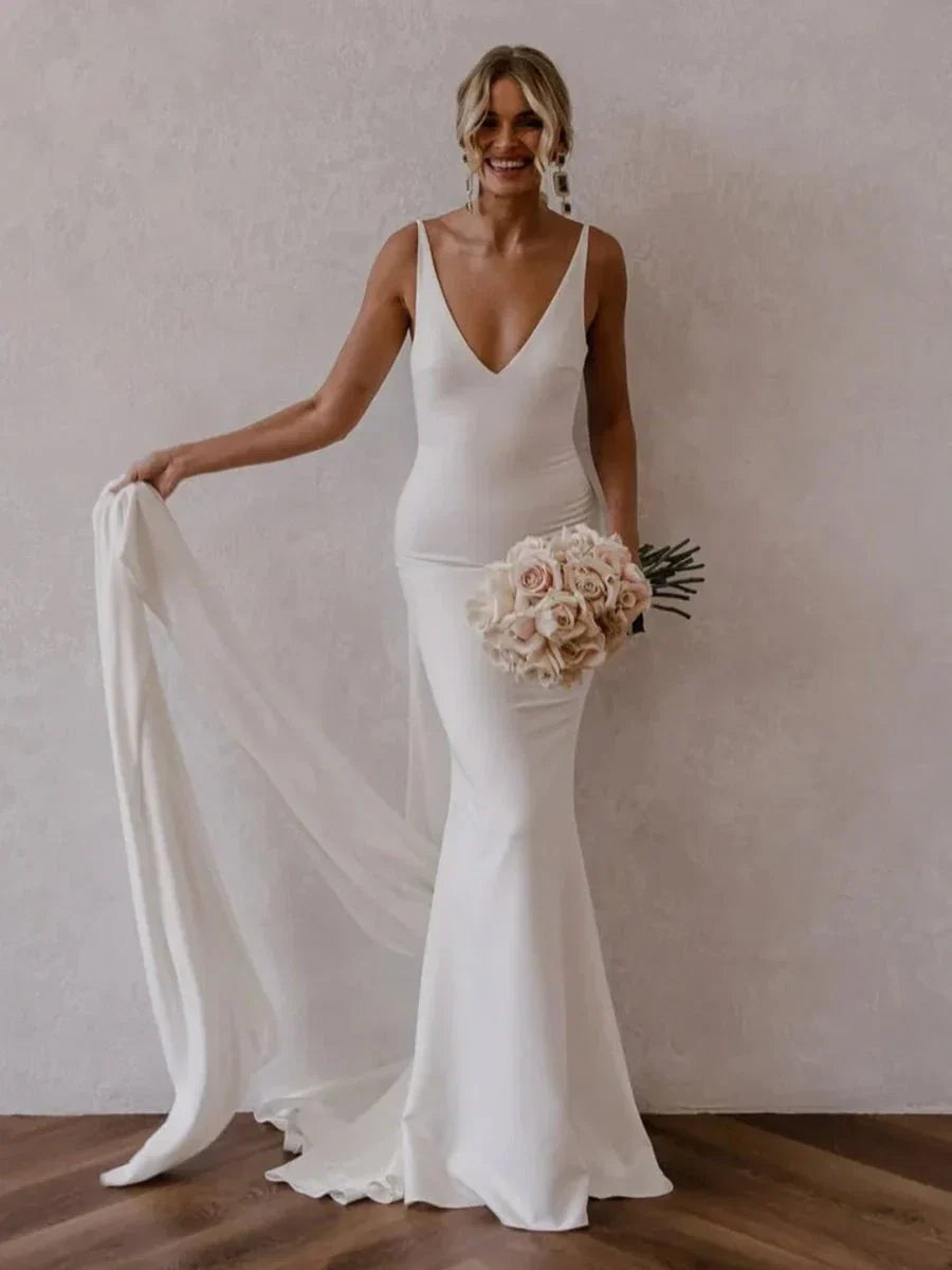 Mermaid Deep V Neck Backless White Wedding Dress