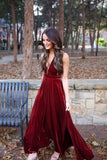 Elegant A Line Halter Backless Burgundy Velvet Long Bridesmaid Dresses Prom Gown