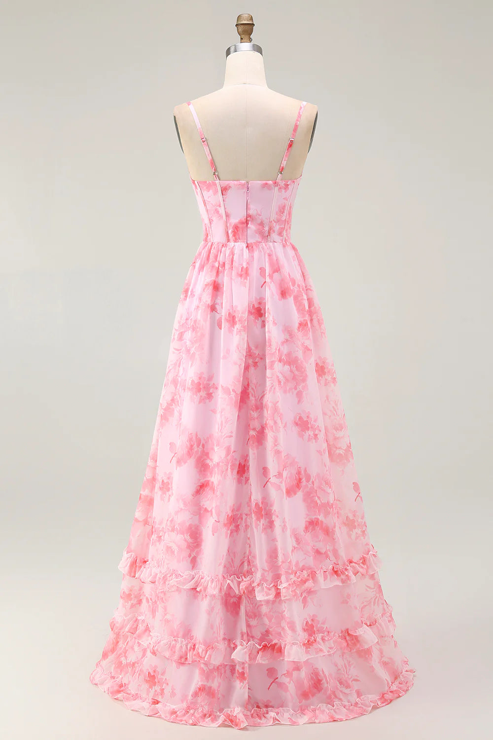 Pink Flower A Line Spaghetti Straps Corset Long Bridesmaid Dress with Ruffles