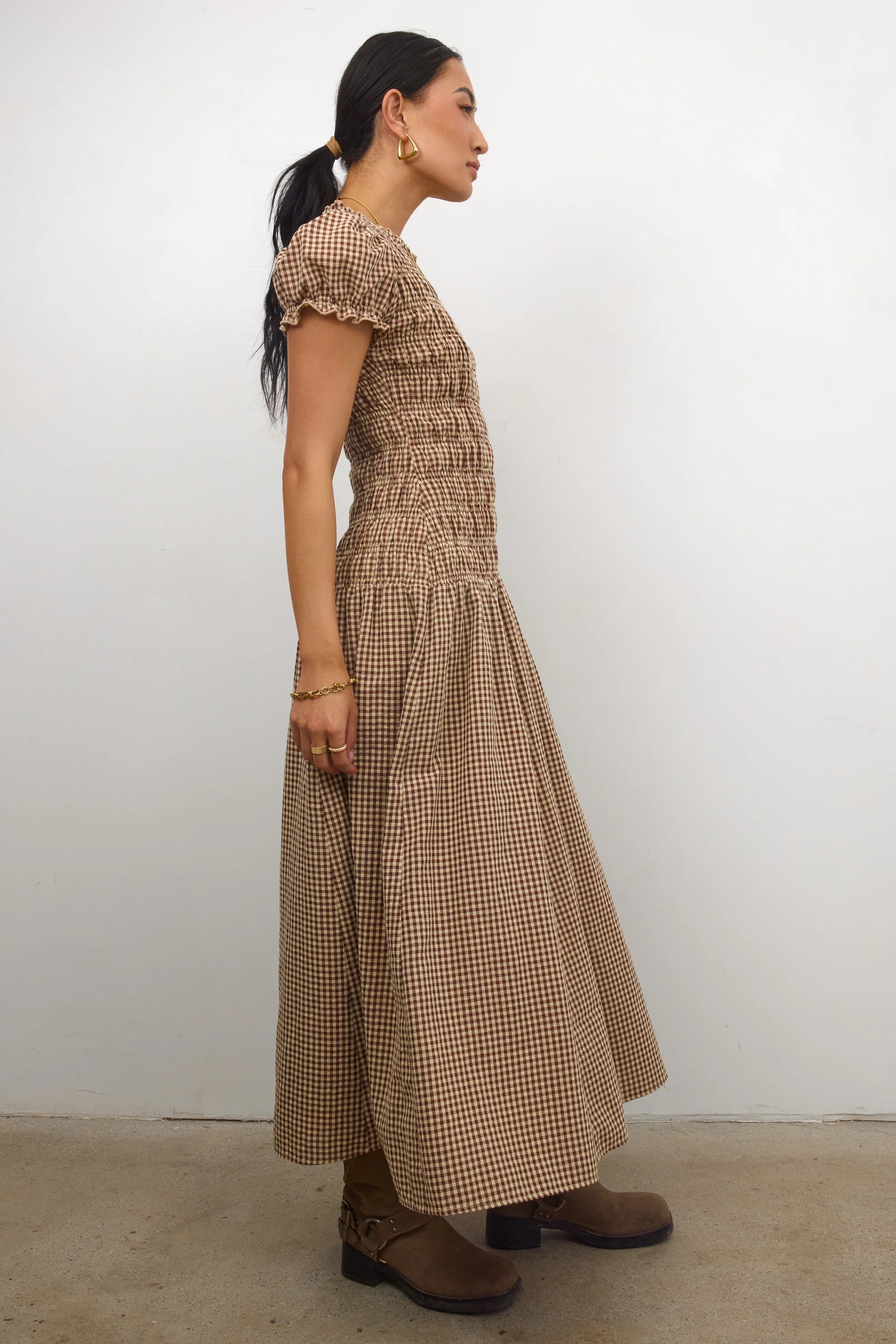 Opal Gingham Maxi Dress in Brown