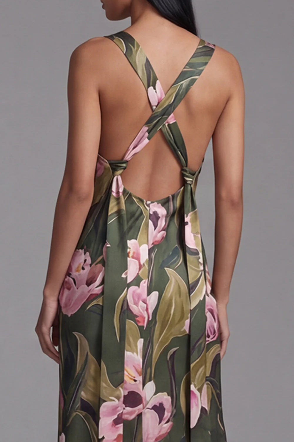 Olive Floral Square Neck Maxi Formal Dress