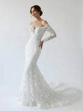Elegant Mermaid Long Sleeve Off the Shoulder Lace Wedding Dress