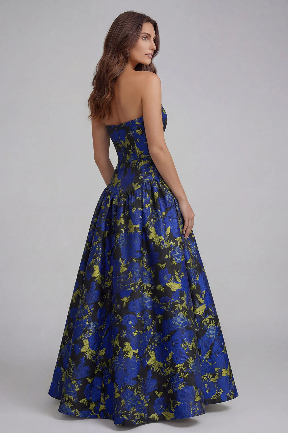 Blue White Flower Printed Strapless A Line Long Wedding Guest Dress