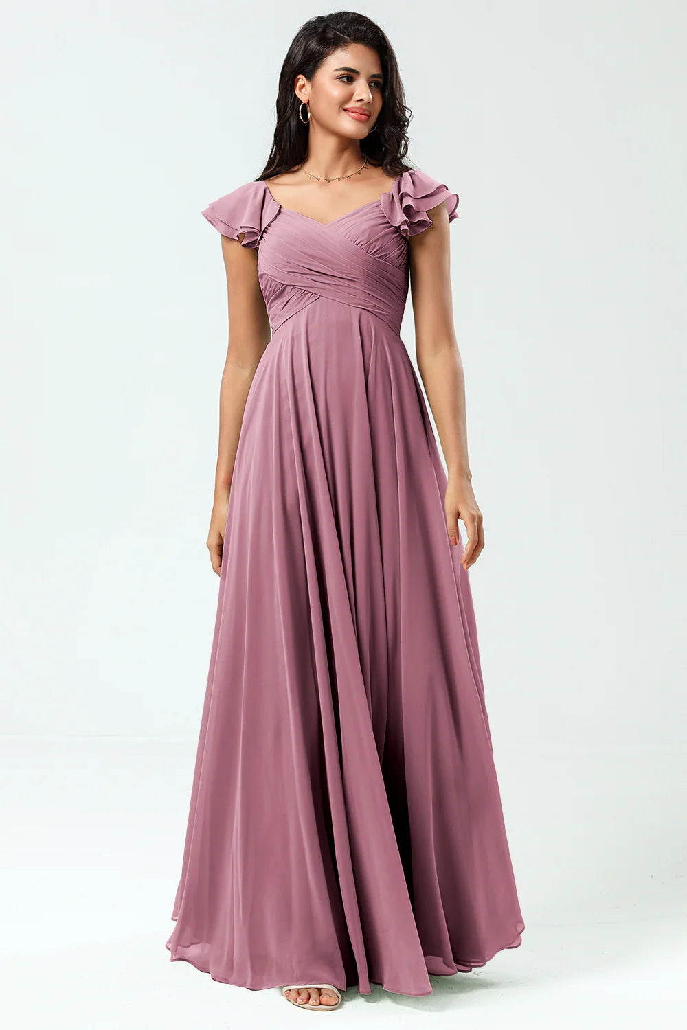 Lace Up Back Cross A Line Chiffon Bridesmaid Dress with Ruffles