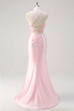 Pink Mermaid Spaghetti Straps Corset Floral Ruched Beaded Prom Dress with Slit