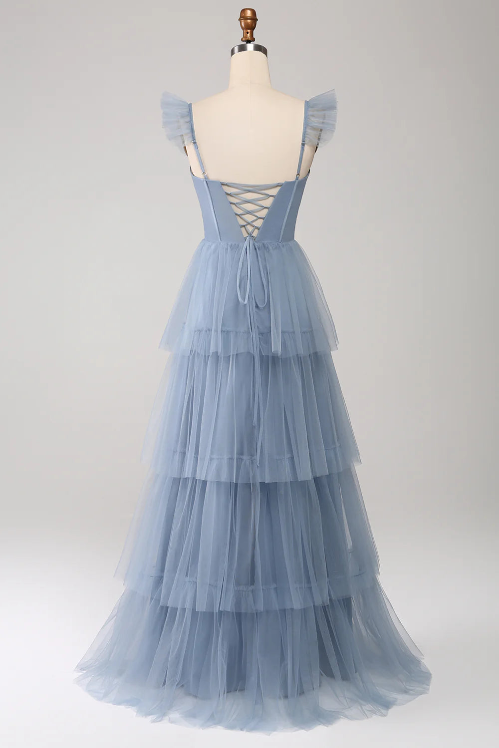 A Line Spaghetti Straps Tiered Floor Length Tulle Purple Bridesmaid Dress