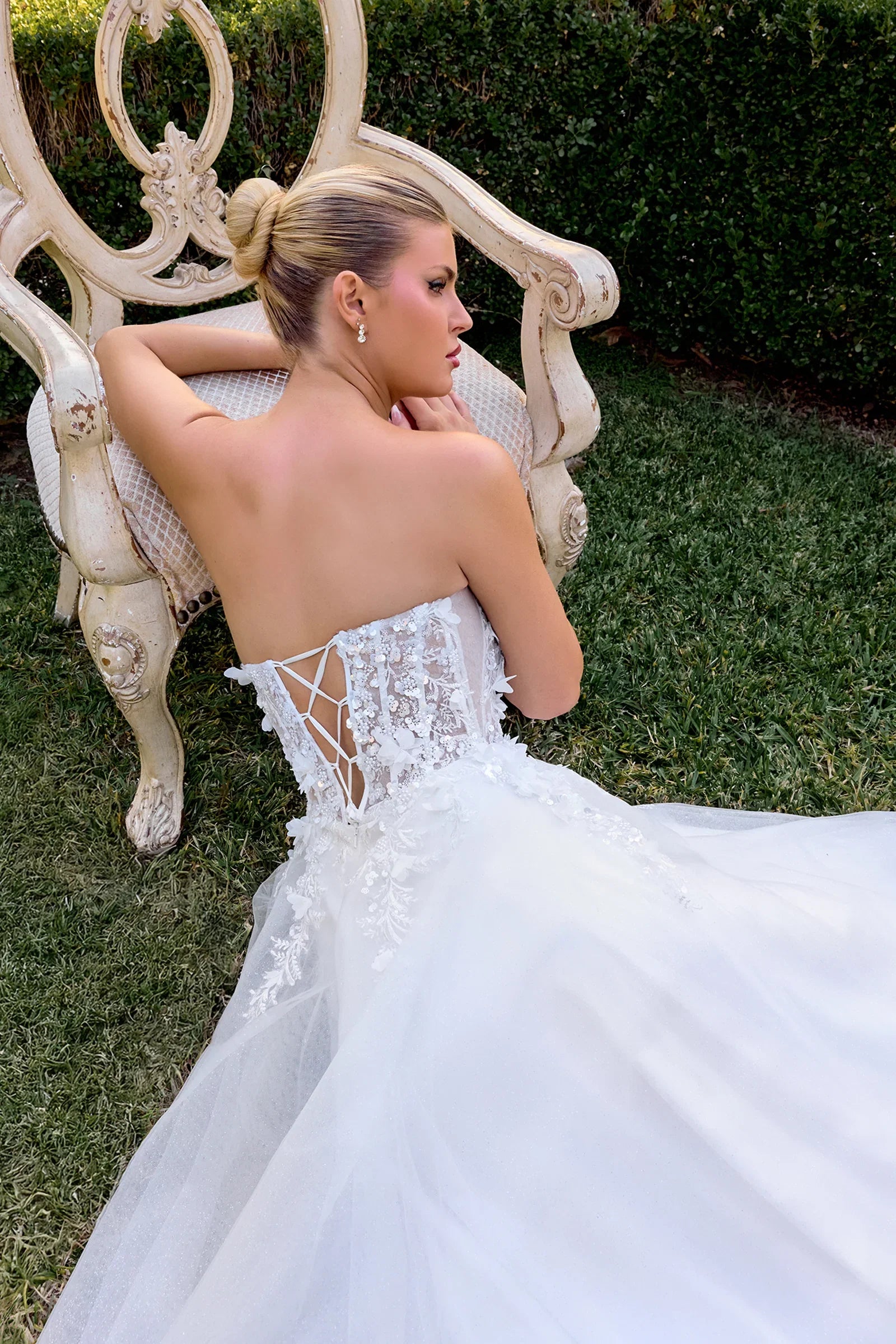 April Scoop Neck Ball Gown with Floral Appliqué Off White