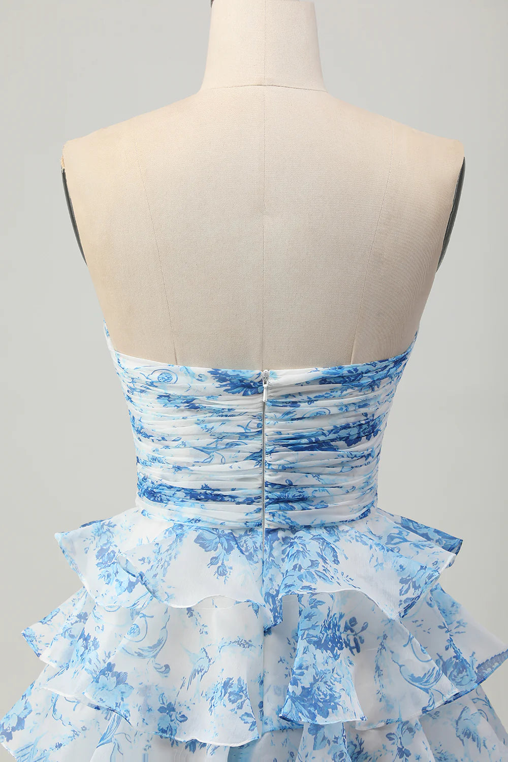 Strapless White Blue Flower A line Tiered Short Homecoming Dress with Bow