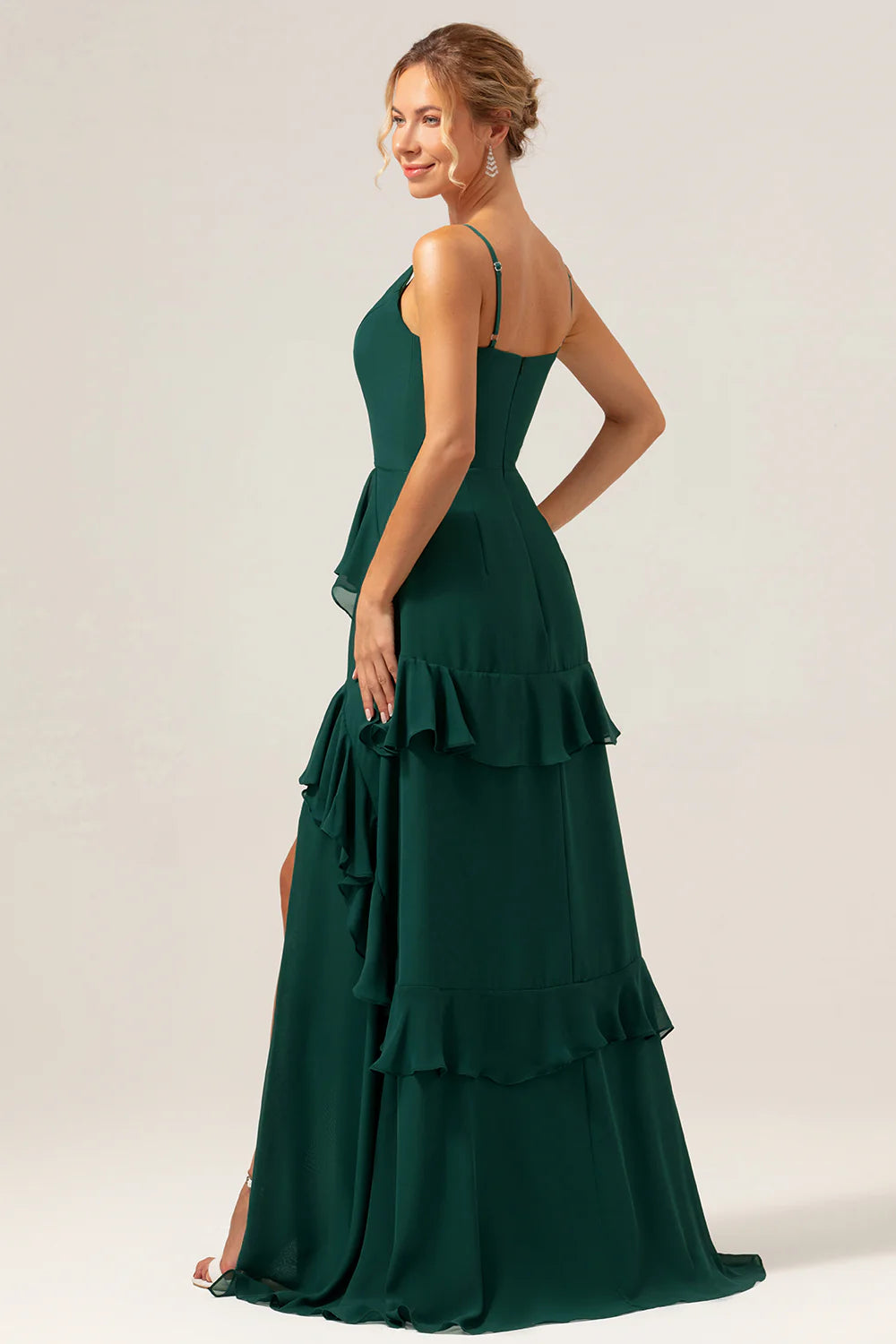 Dark Green A Line V Neck Ruffled Chiffon Tiered Long Bridesmaid Dress with Slit