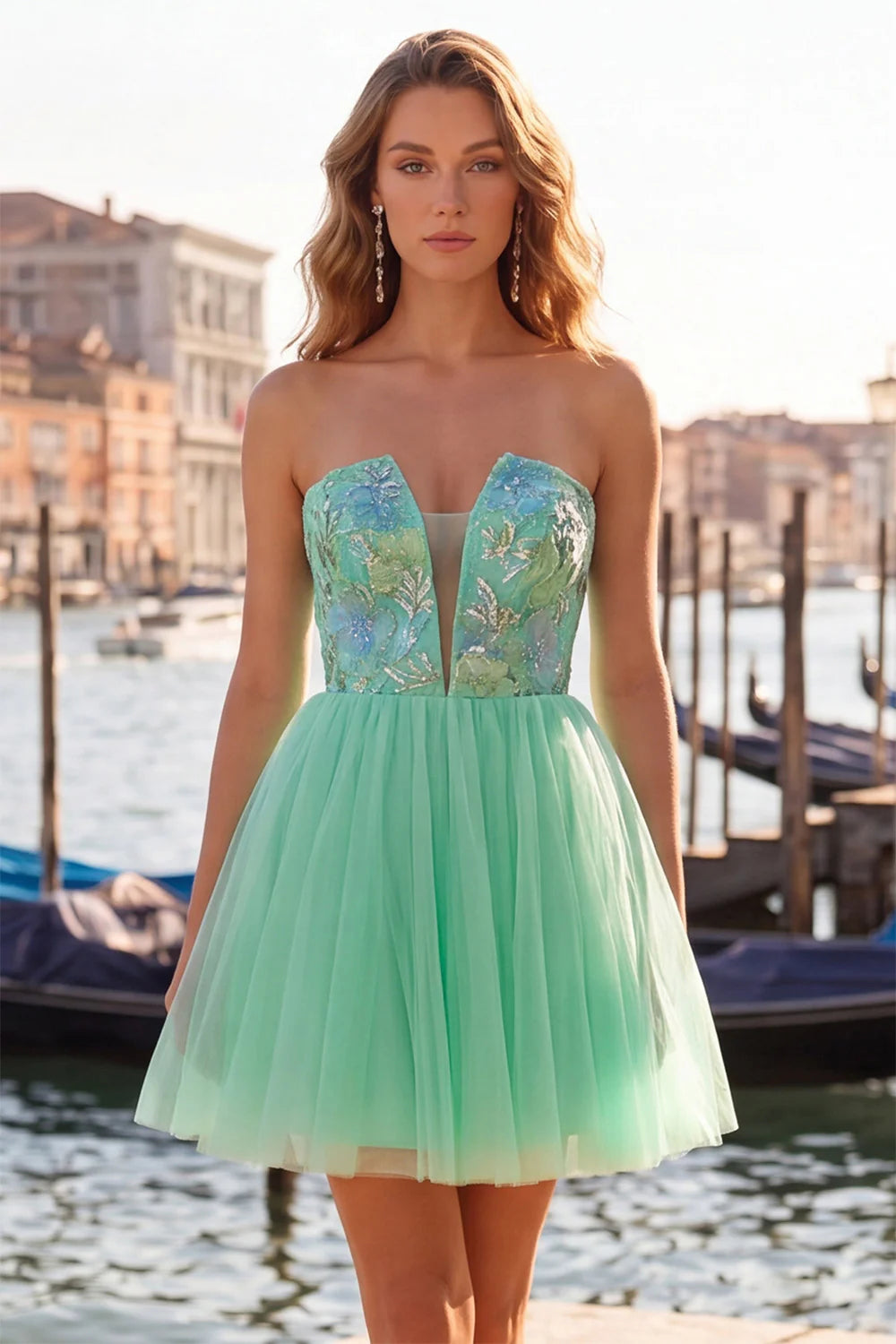 Orange Embroidered A Line Strapless Short Homecoming Dress