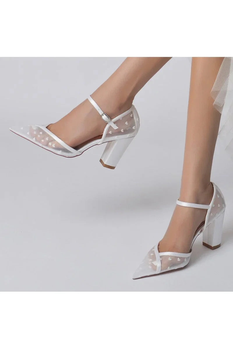 Pointed Toe Mesh Strap Buckle Chunky Heels