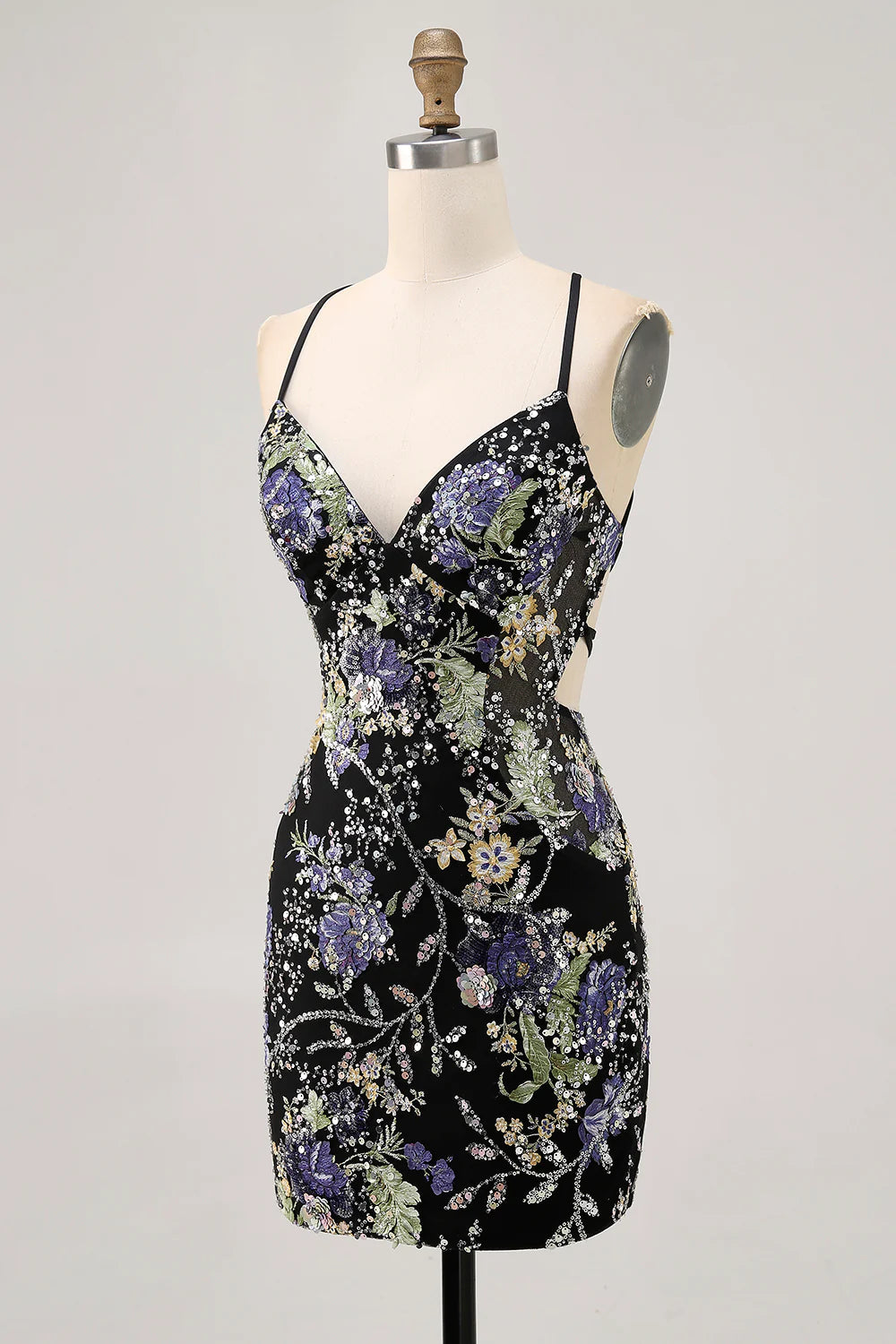 Sparkly Black Bodycon Spaghetti Straps Floral Short Homecoming Dress with Sequins