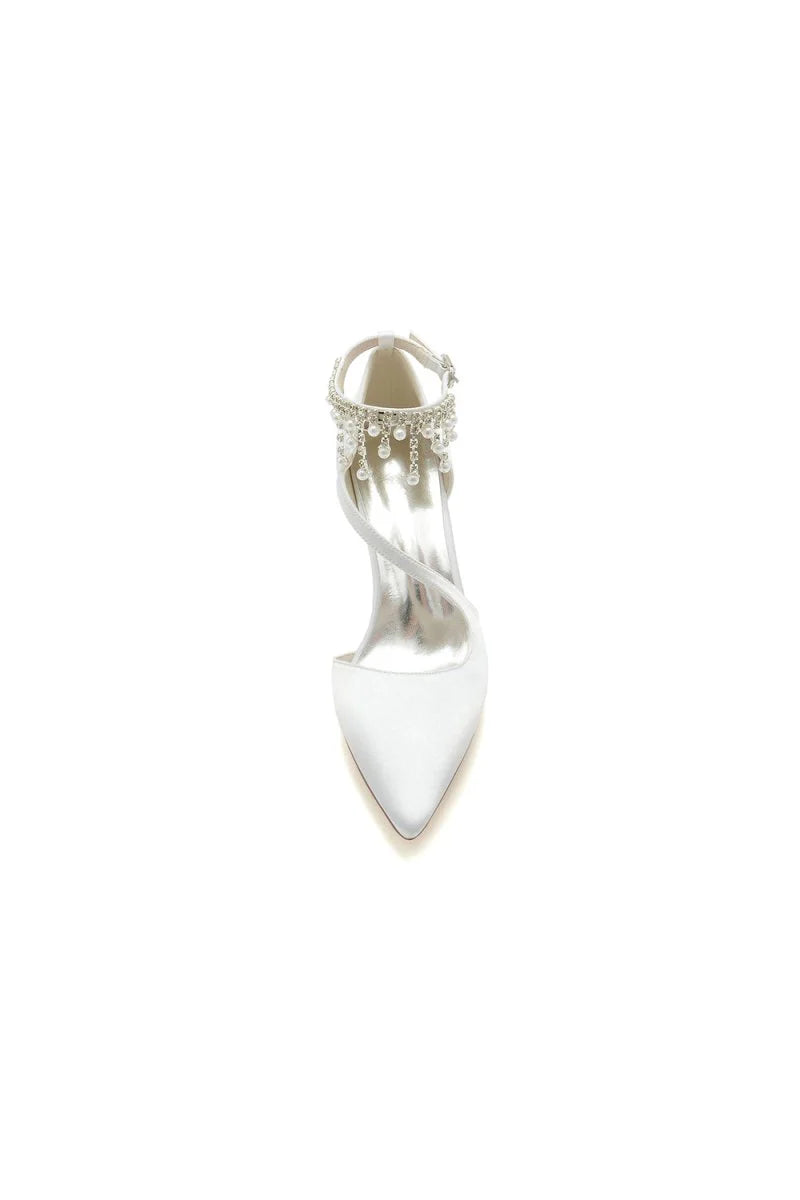 White Satin Pump with Pearl Embedded Chain Heel
