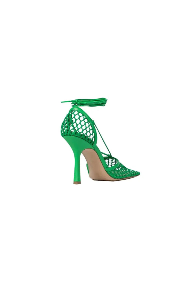 Yellow Stiletto Heel Lace Up Fishnet High Heel Sandals