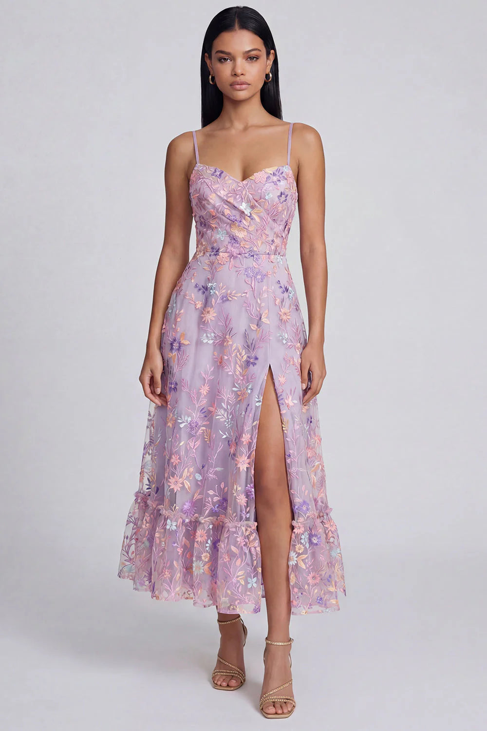 Lilac Floral Applique A Line Midi Wedding Guest Dress with Slit