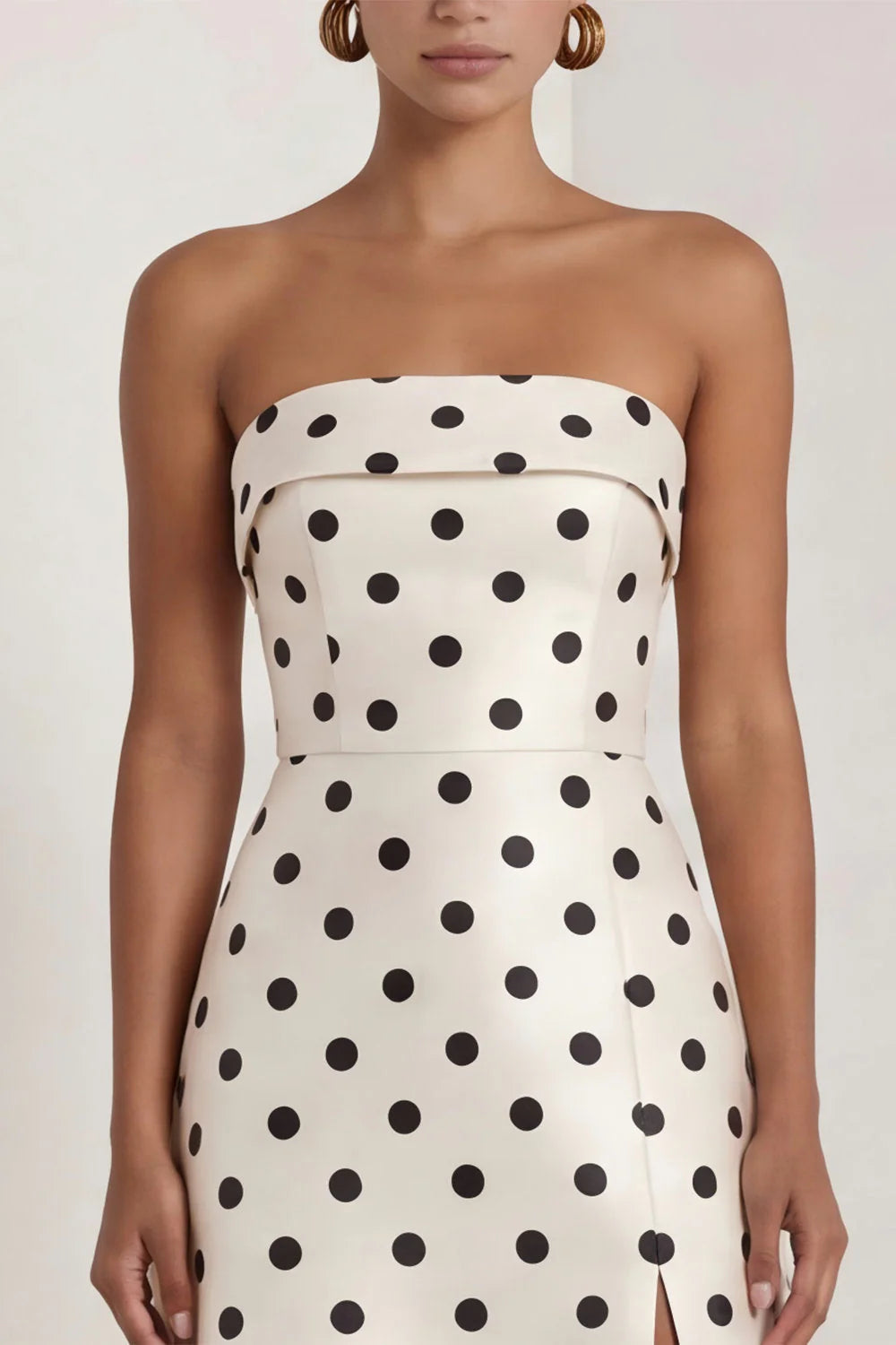 Strapless Black White A Line Polka Dot Long Formal Dress with Slit