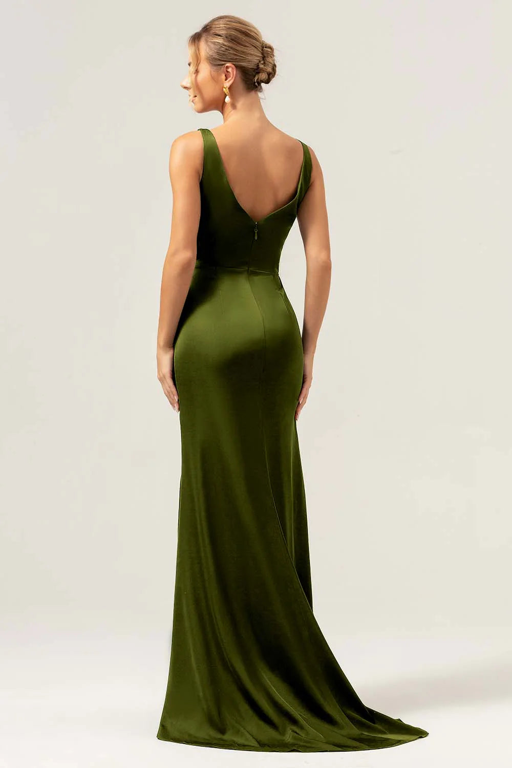 Burgundy Mermaid V Neck Ruched High Low Long Satin Bridesmaid Dress with Slit