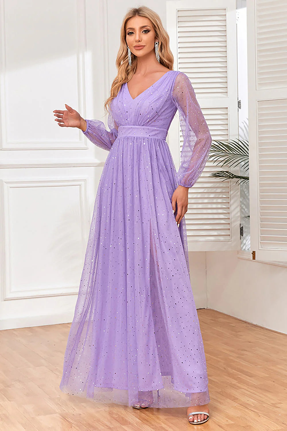 Lilac A Line Long Sleeves Long Formal Dress with Slit