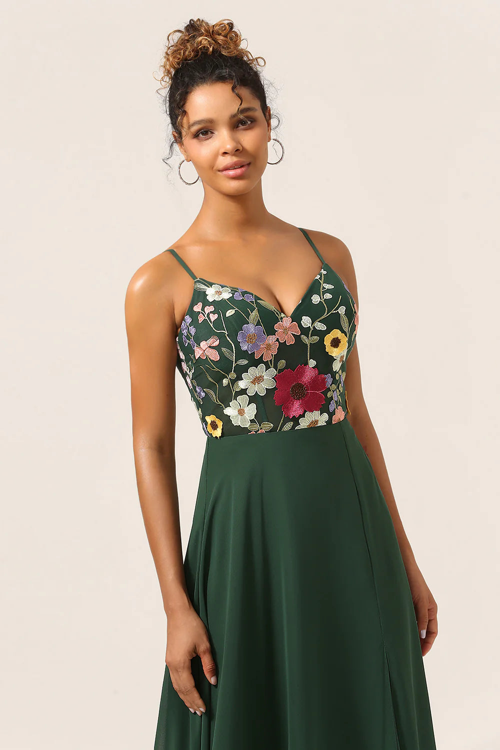 Dark Green A Line Spaghetti Straps Plus Size Chiffon Bridesmaid Dress with 3D Flowers