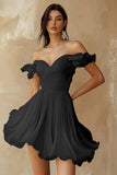 Off the Shoulder Ruffled White A Line Graduation Dress