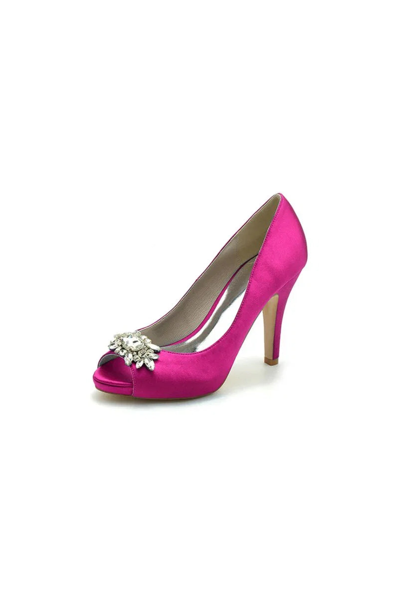 Champagne Satin High Heels with Crystal Flower Ornament