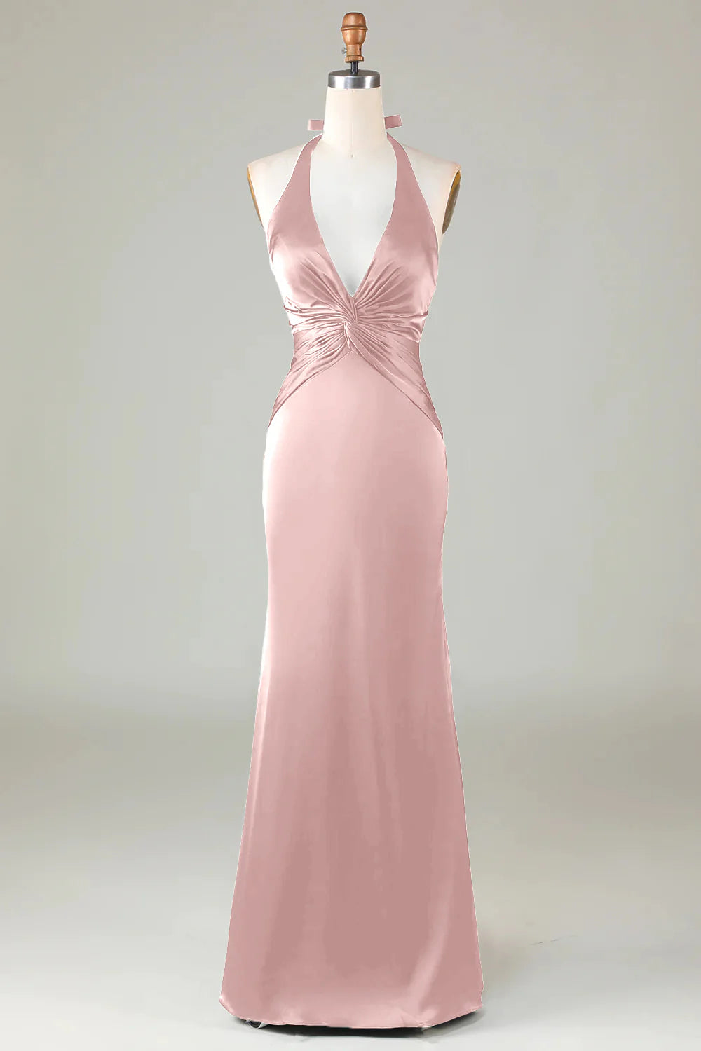 Blushing Pink Mermaid Halter V Neck Open Back Satin Ruched Long Bridesmaid Dress