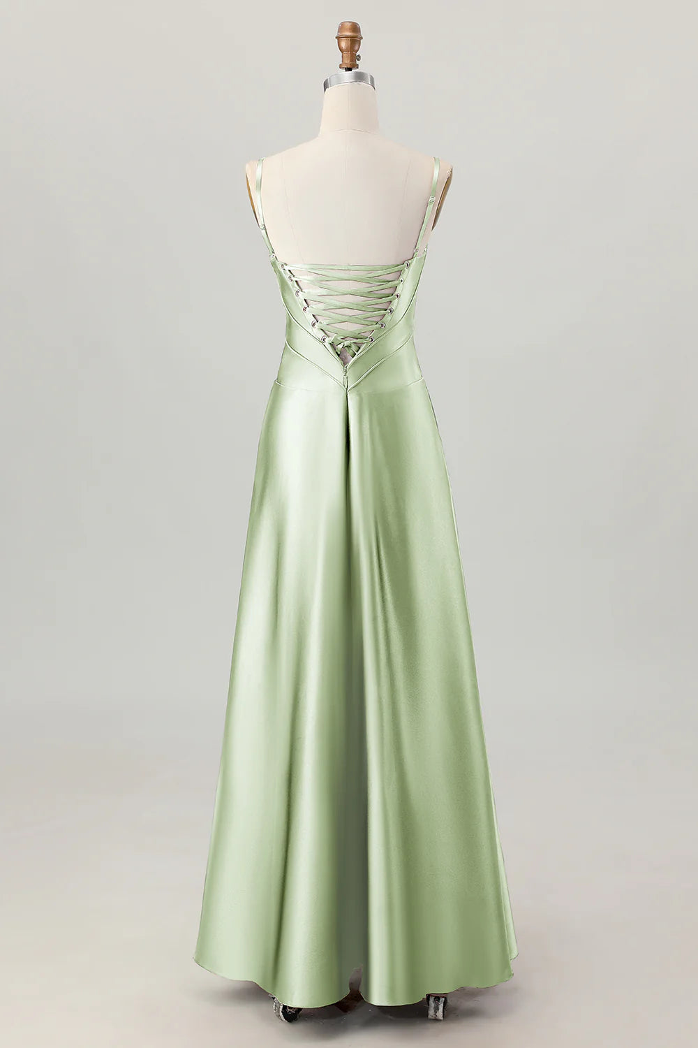 Dusty Sage A Line Spaghetti Straps Satin Long Bridesmaid Dress with Lace Up Back