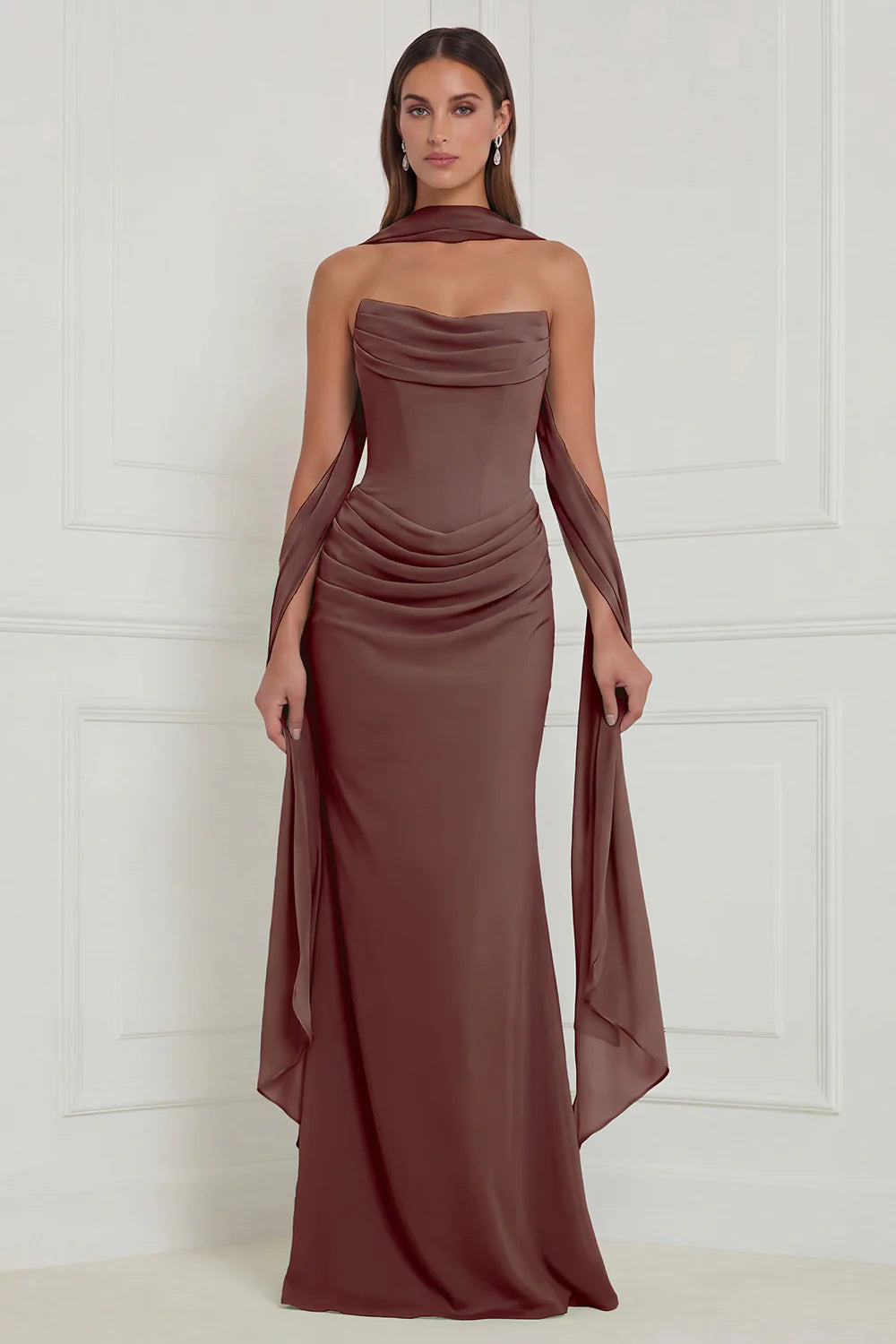 Strapless Ruched Sage Bridesmaid Dress with Scarf