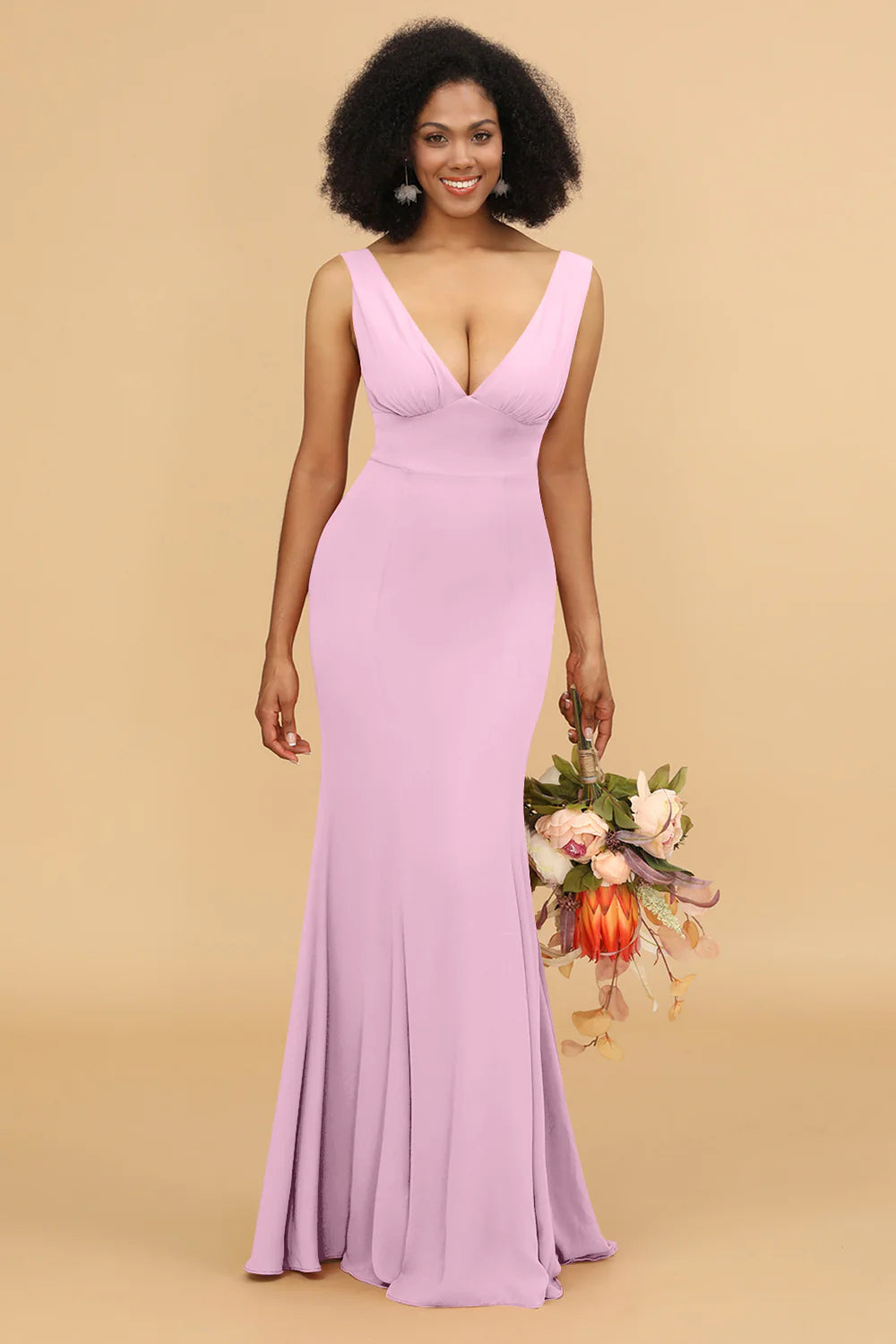 Mermaid V neck Open Back Long Chiffon Bridesmaid Dress With Ruffles