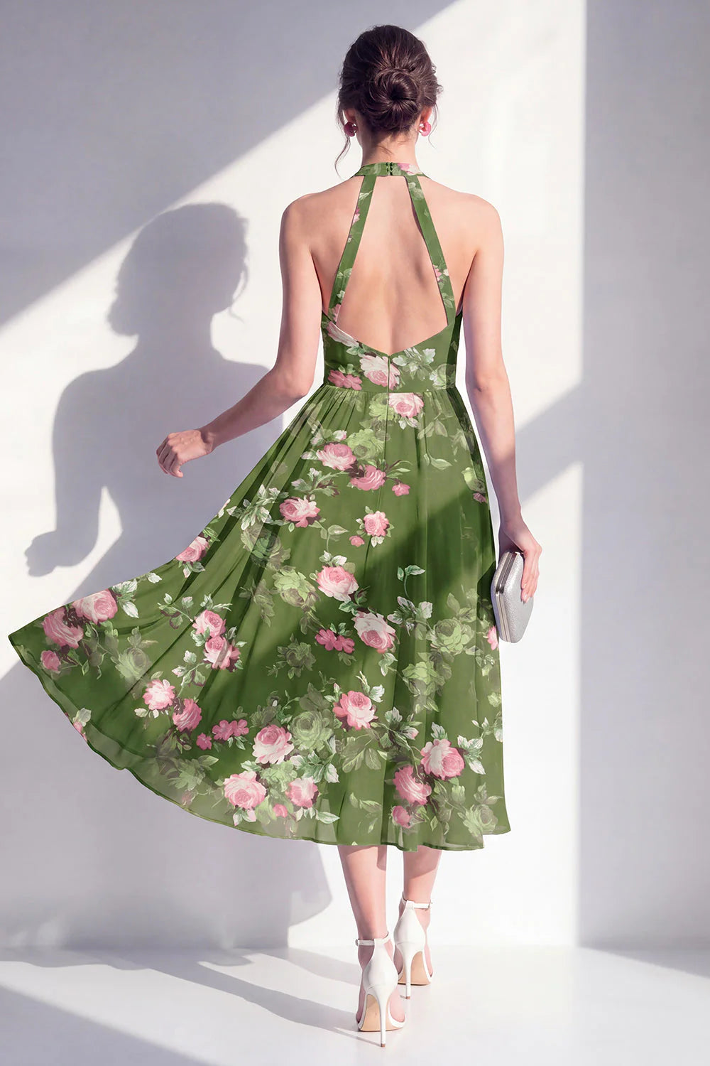 Dark Green Floral Halter A Line Midi Wedding Guest Dress