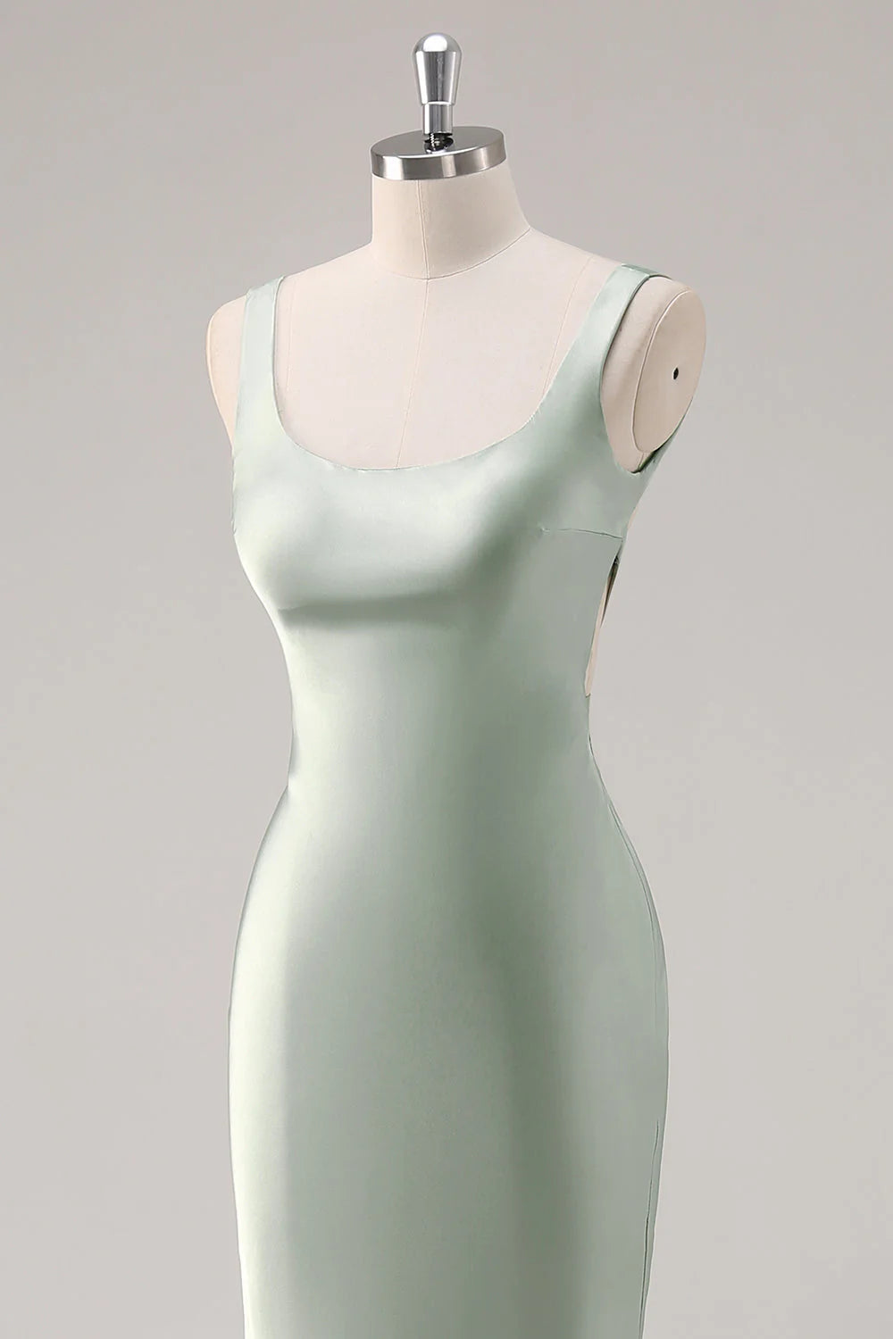 Sage Green Mermaid Square Neck Satin Long Bridesmaid Dress with Criss Cross Back