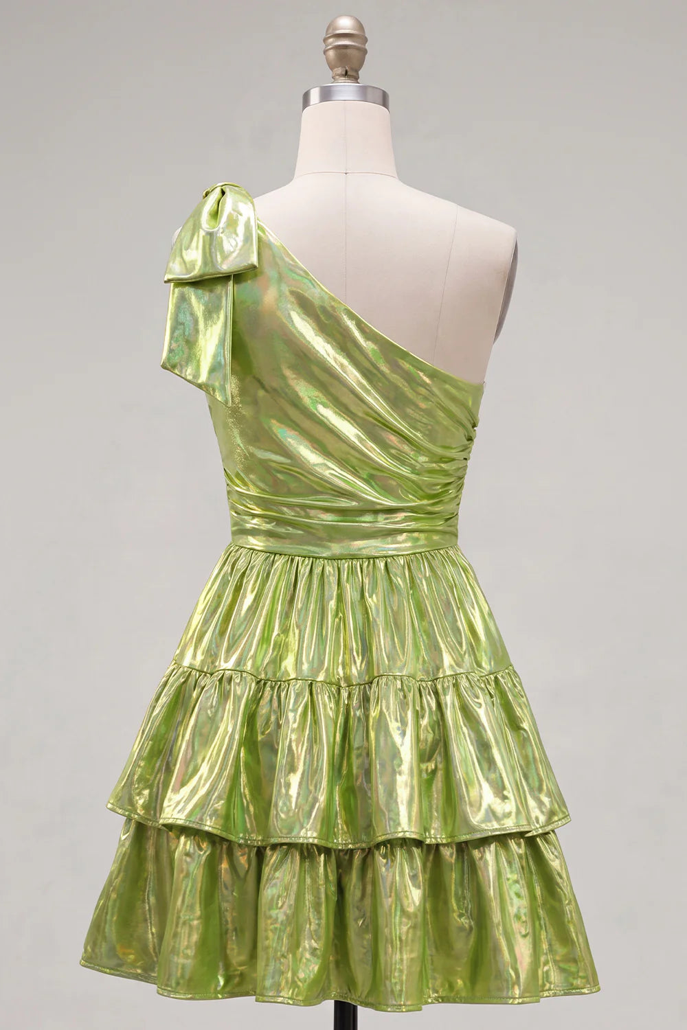 Green One Shoulder Metallic A Line Tiered Short Homecoming Dress