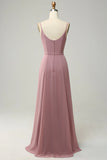 Dusty Rose A Line Spaghetti Straps Sleeveless Chiffon Bridesmaid Dress
