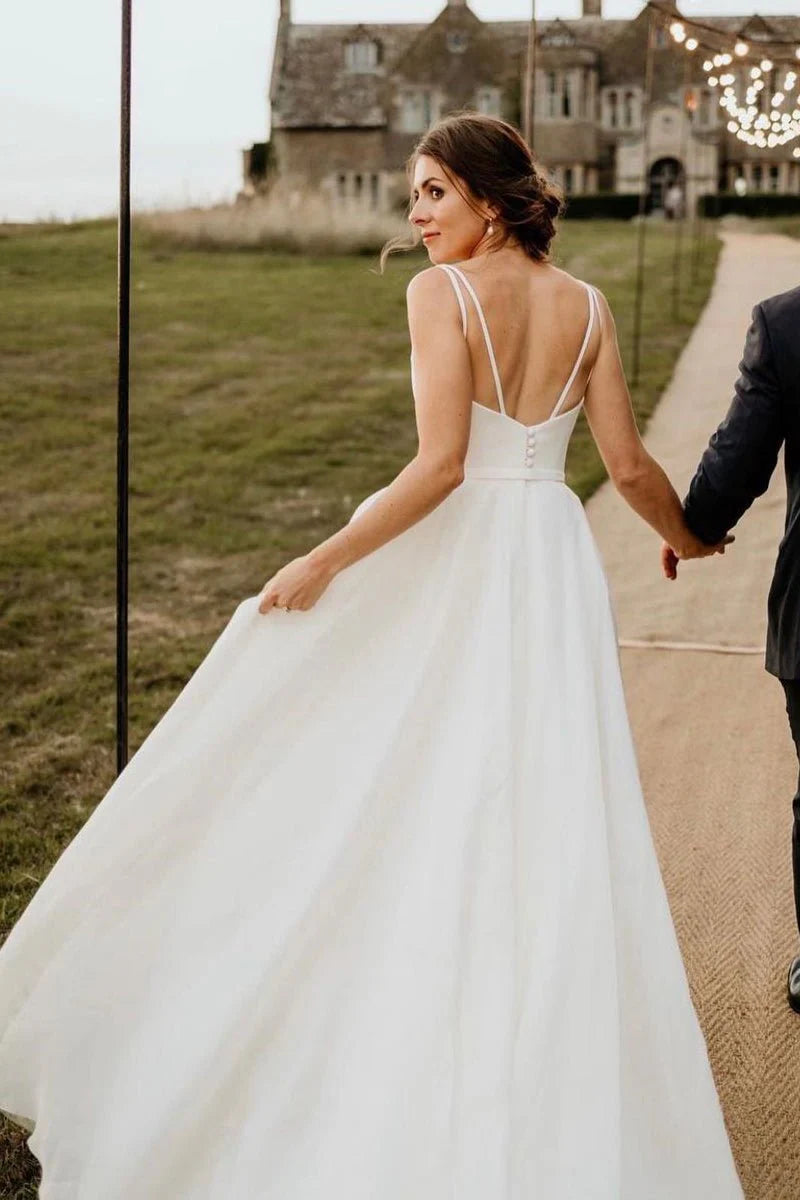 Chaming A Line Square Neck White Wedding Dresses