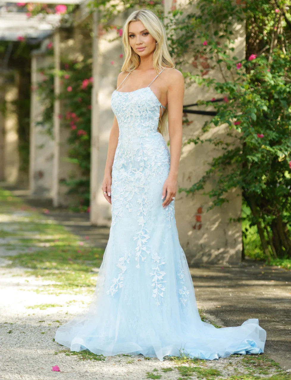 The Dutchess Gown Light Blue Floral Lace Dress With Straight Neckline FINAL SALE