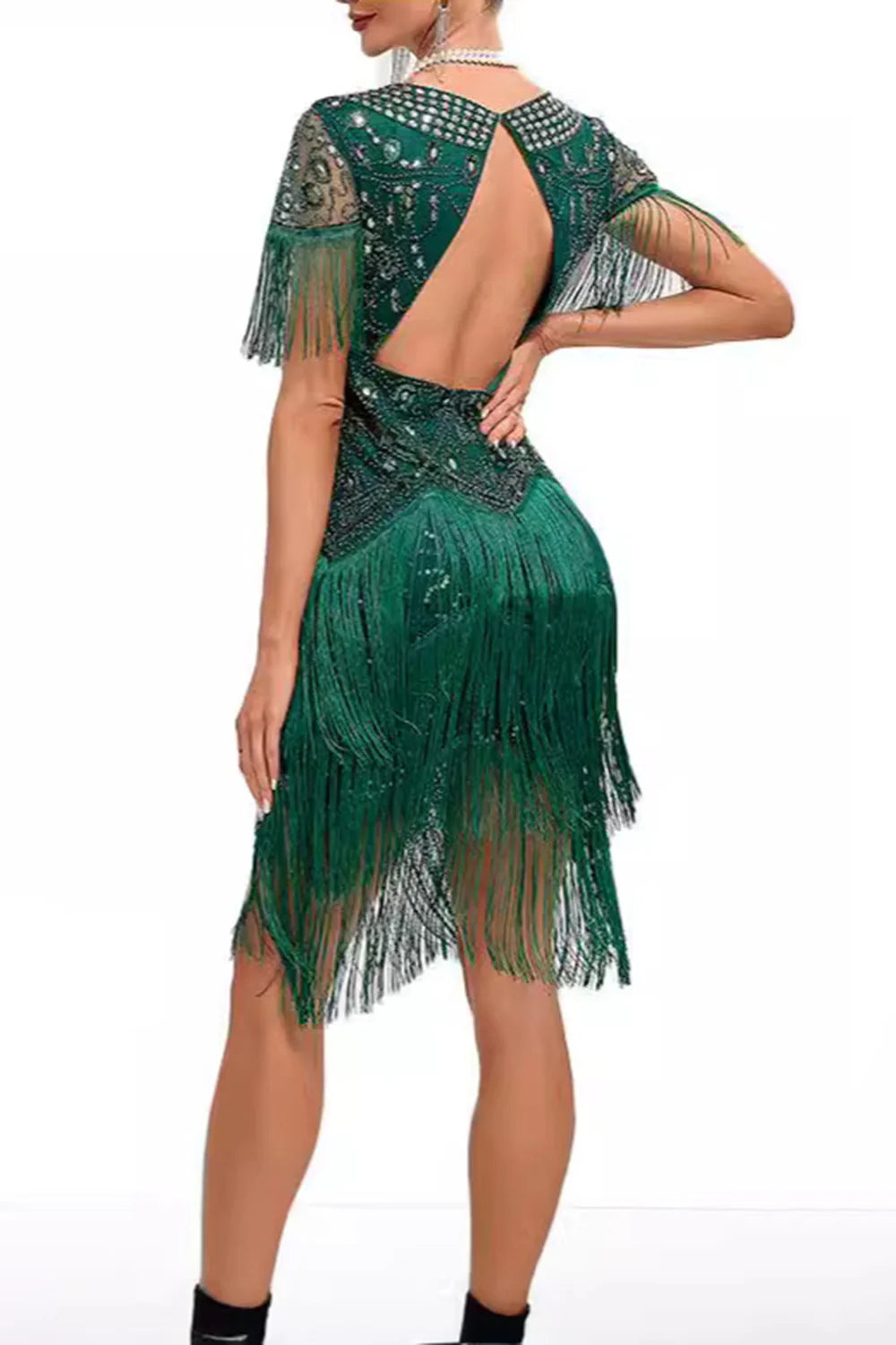 Apricot Fringed Sheath Midi 1920s Dress with Appliques