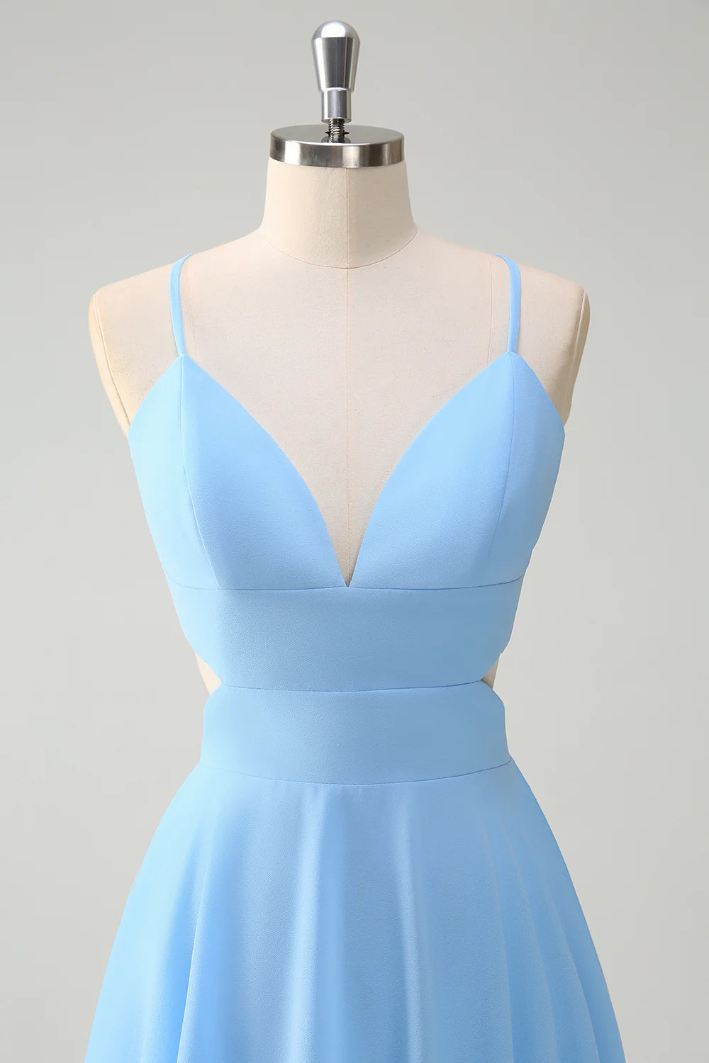 Sky Blue A Line V Neck Tiered Long Bridesmaid Dress with Lace Up Back