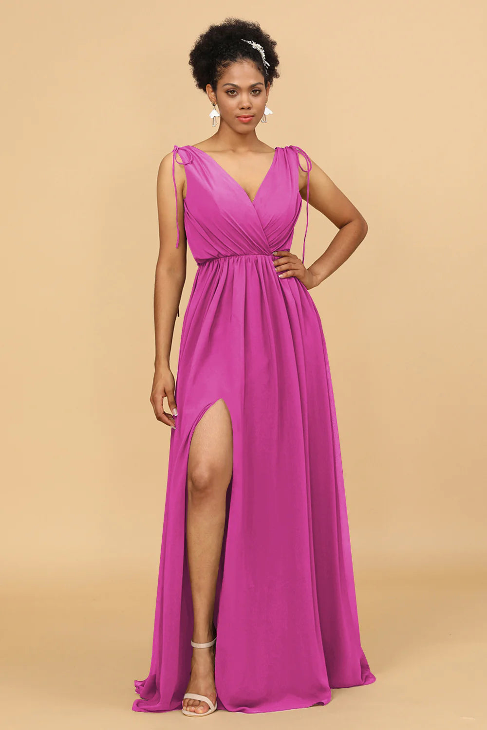 A Line Ruched V Neck Sleeveless Chiffon Bridesmaid Dress with Slit