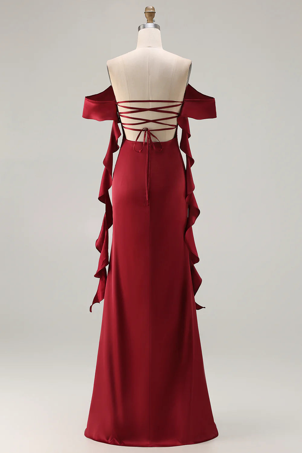 Burgundy Off The Shoulder Mermaid Ruffled Lace Up Back Long Bridesmaid Dress with Slit