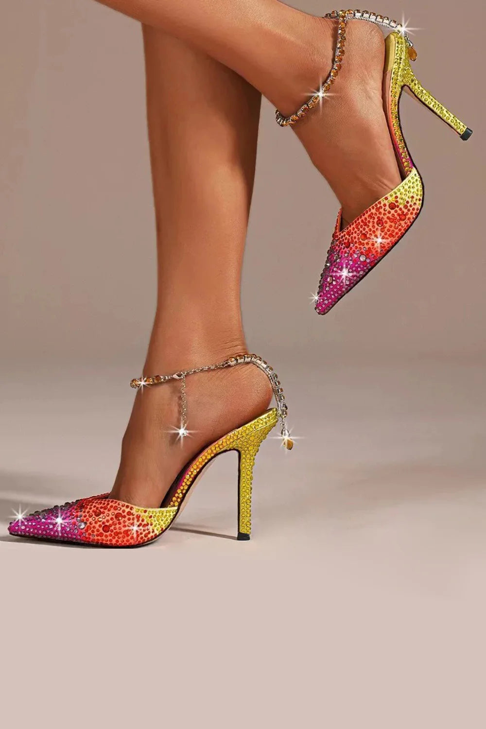 Sparkly Orange Gradient Rhinestone Pointed Toe Stiletto Heels with Ankle Chain