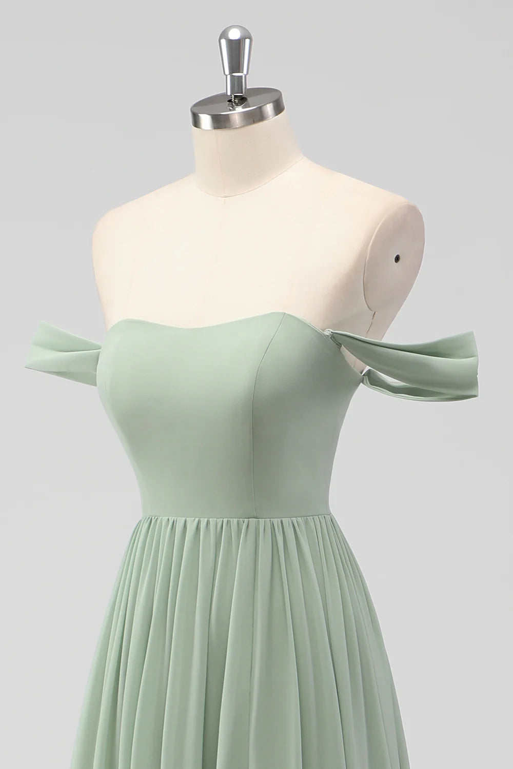 Sage Green A Line Off The Shoulder Ruched Chiffon Long Bridesmaid Dress with Slit
