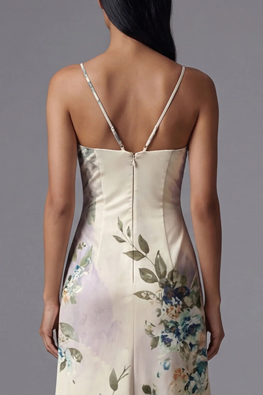 Floral Printed Ivory Ruched Long Formal Dress with Slit
