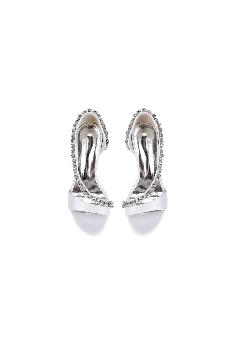 White Satin High Heels with Crystal and Chain Embellishments