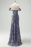 Grey Blue Mermaid Off The Shoulder Ruched Burnout Velvet Maxi Bridesmaid Dress