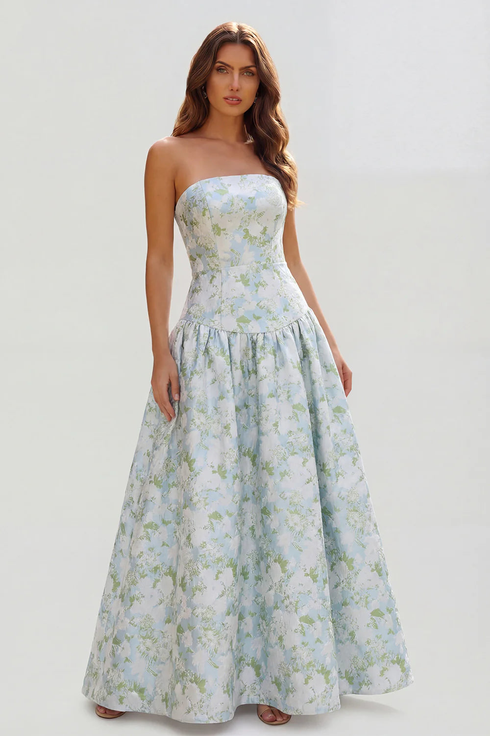 Blue White Flower Printed Strapless A Line Long Wedding Guest Dress