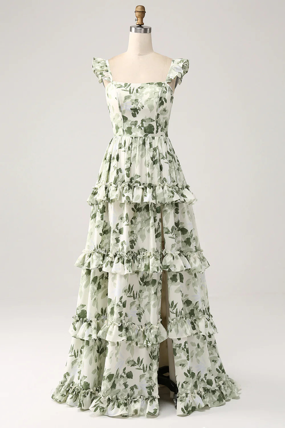 A Line Spaghetti Straps Printed Tiered Long Green Bridesmaid Dress With Slit