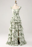 A Line Spaghetti Straps Printed Tiered Long Green Bridesmaid Dress With Slit