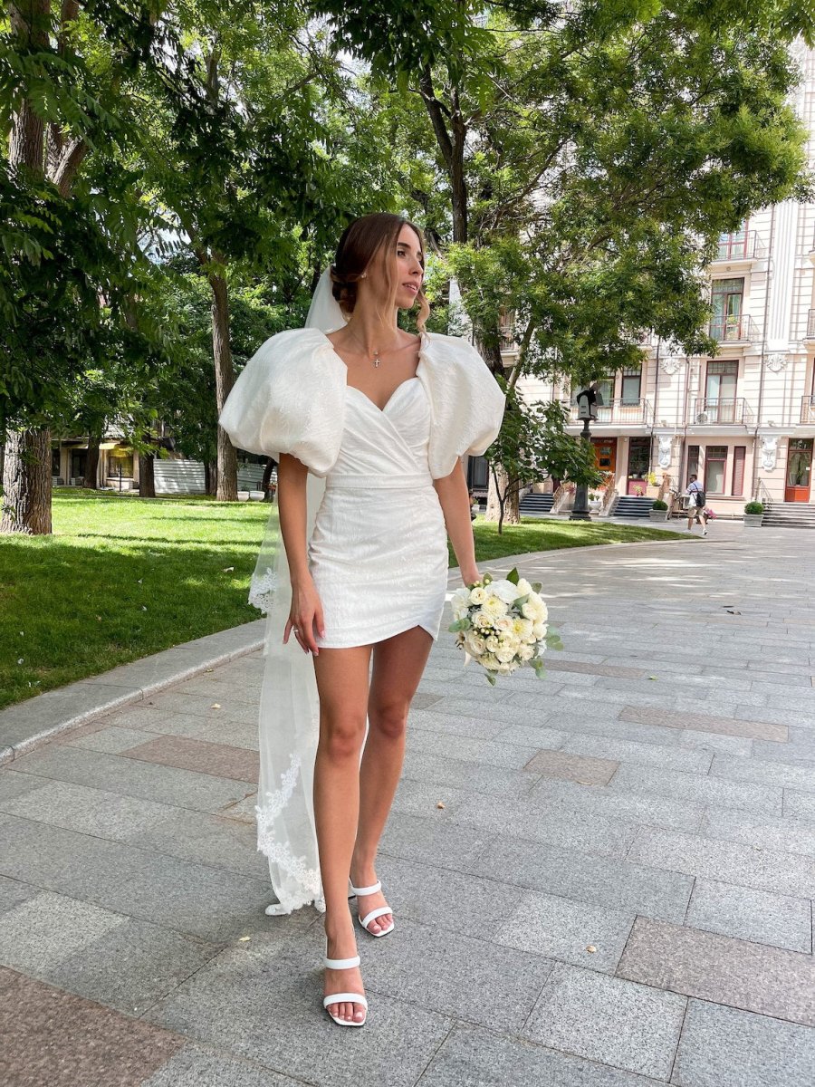 Sheath White Puff Sleeves Short V Neck Wedding Dress
